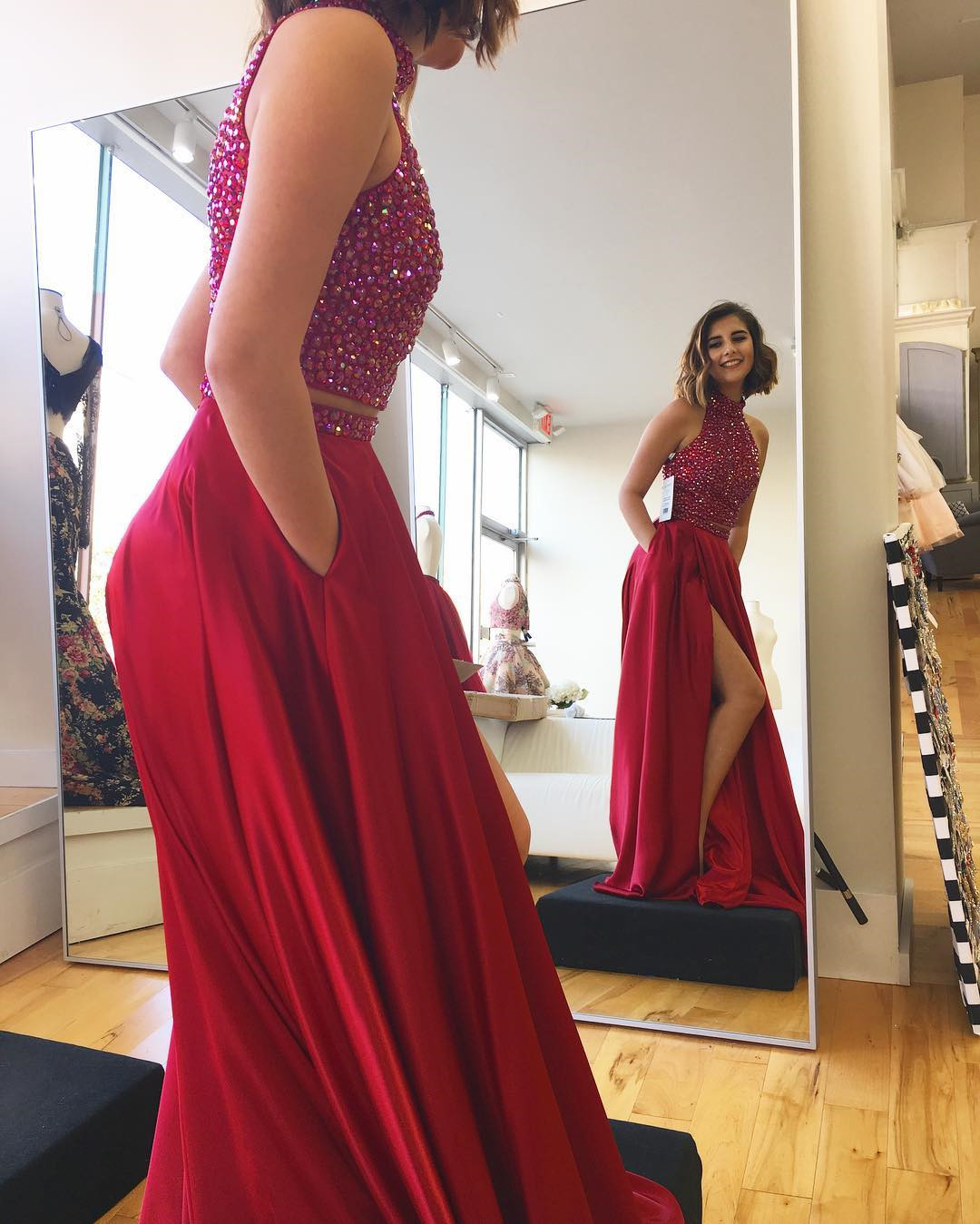 Halter Prom Gowns,crystal Beaded Prom Dress,satin Prom Dress,two Piece Prom Dress,2 Piece Prom Gowns,prom Dresses 2017 Long