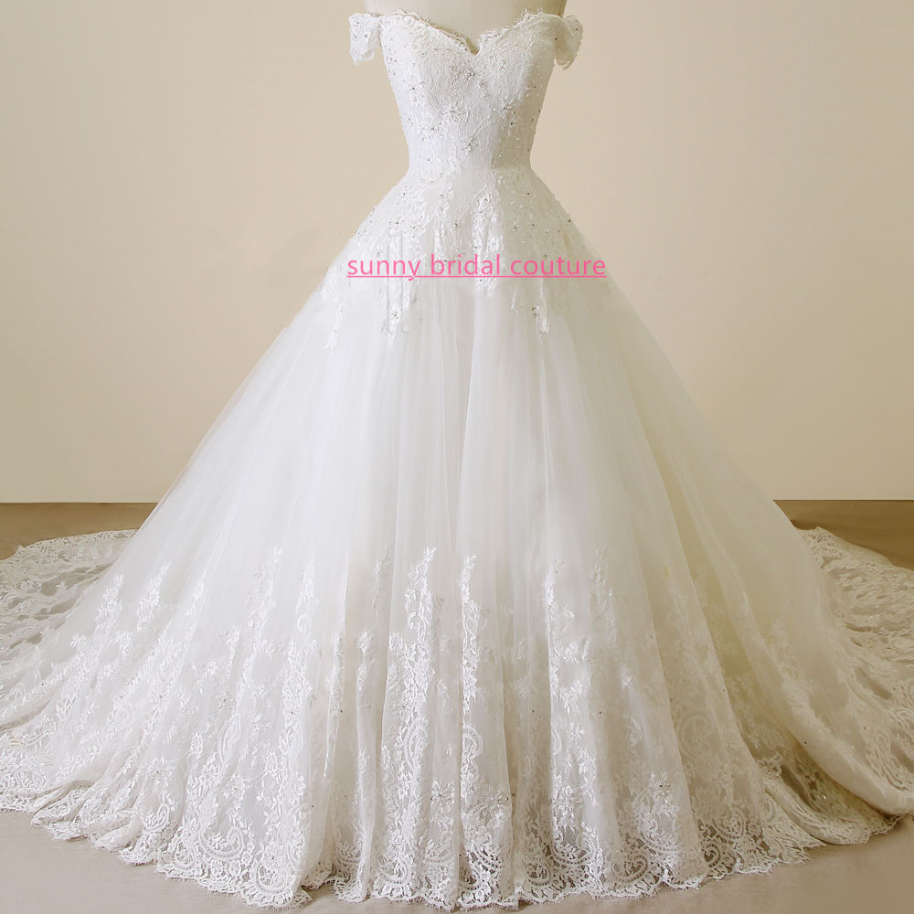 Off-the-shoulder Lace Appliqués Ball Gown, Wedding Dress With Long Train