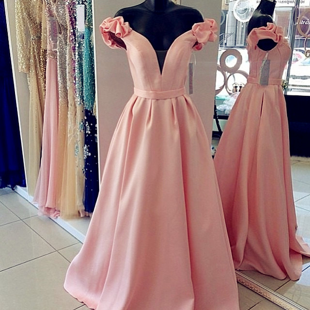 Pink Taffeta Ball Gowns,floor Length Evening Dress,off The Shoulder Dress,prom Dresses 2017,elegant Formal Dress