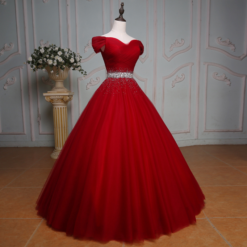 Off The Shoulder Crystal Beaded Sashes Red Tulle Ball Gowns Prom Dress,red Wedding Dress,elegant Evening Gowns