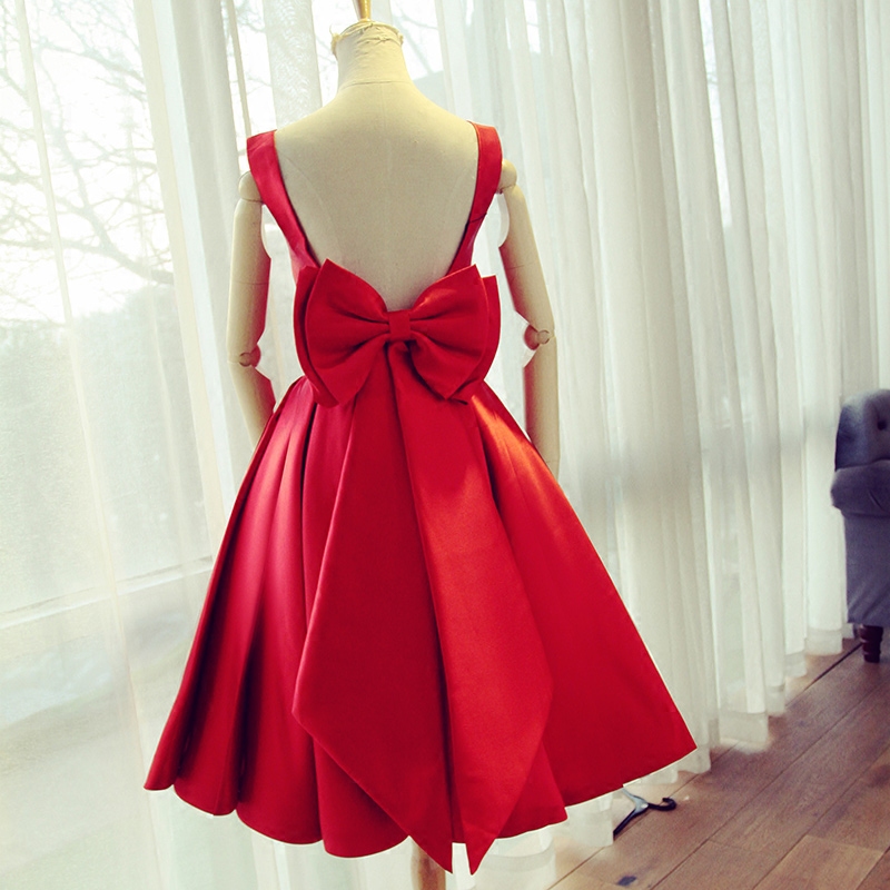 Red Satin Bow Back Party Dresses,short Homecoming Dresses,ball Gowns Prom Dress 2017