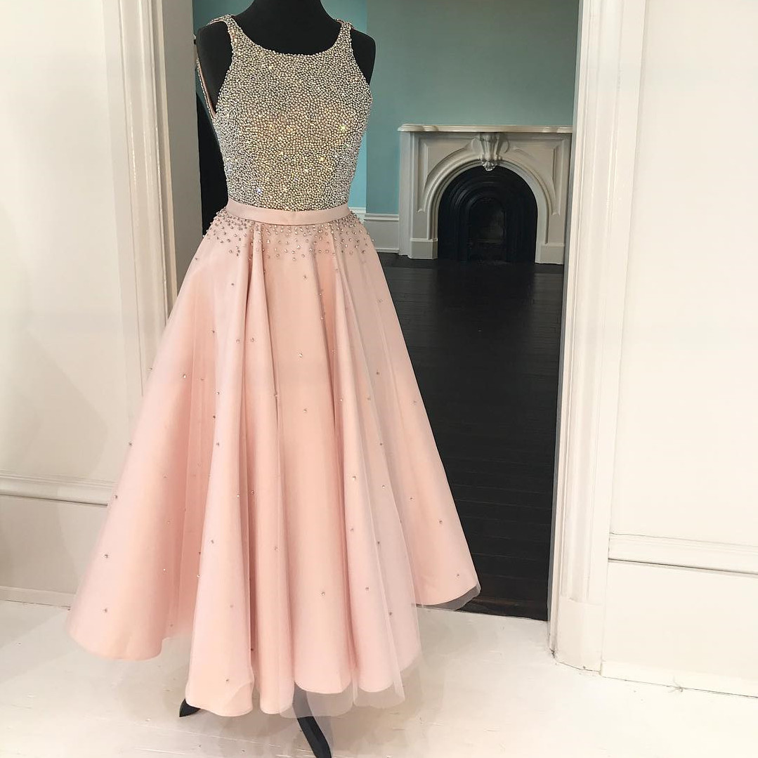 Elegant Beaded Halter Tea Length Prom Dresses,short Prom Gowns ,sparkly Dress