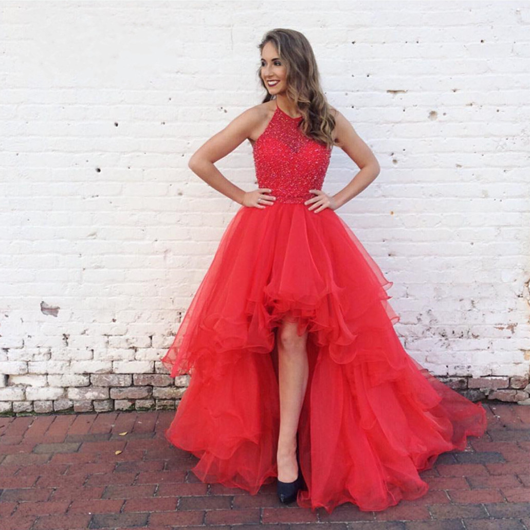 Red Prom Dress high Low Prom Dress prom Dress 2017 ruffles Prom