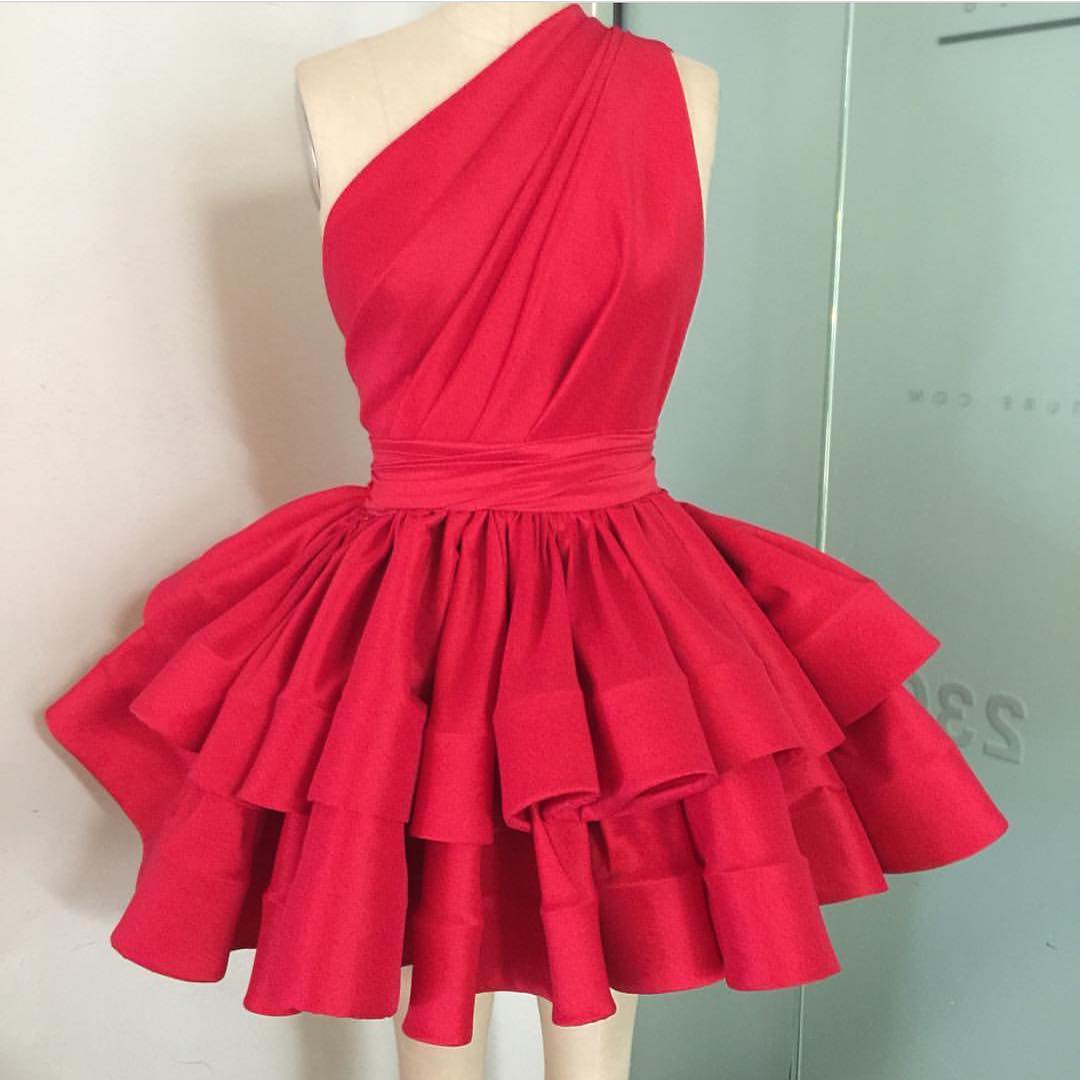 One Shoulder Ruffles Skirt Red Party Dress 2017 Girl's Homecoming Dresses