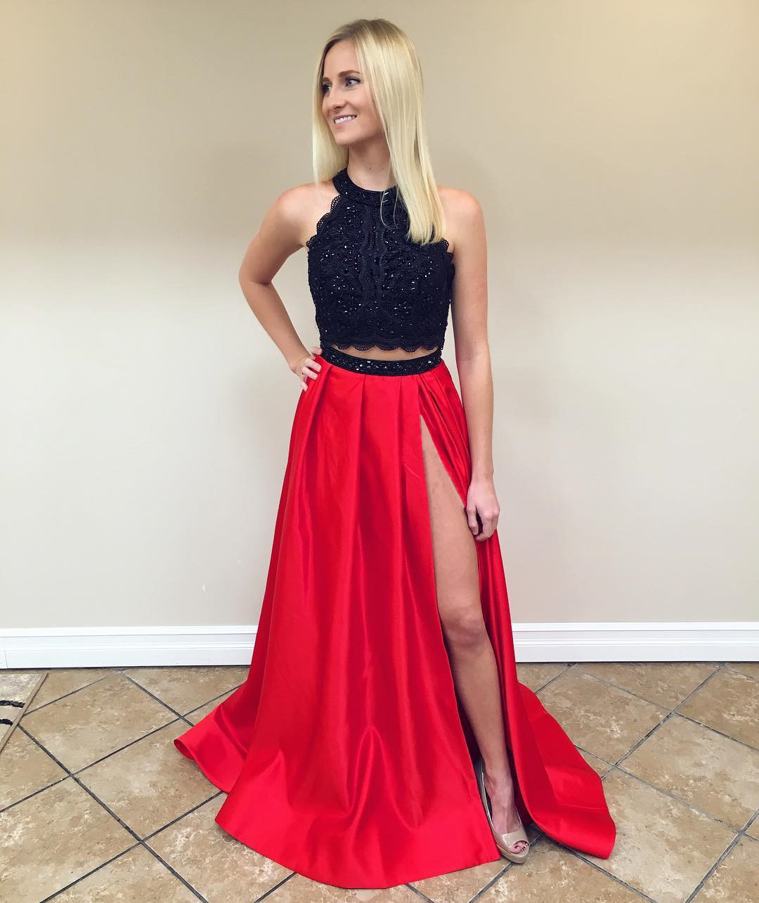 Black Lace Crop To Red Satin Two Piece Prom Dresses 2017 Sexy Split Party Gowns