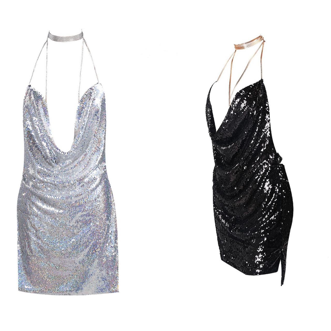 Retro Halter Neck Sheath Sequins Short Party Dresses Birthsday Outfits, DP5632 main image 1