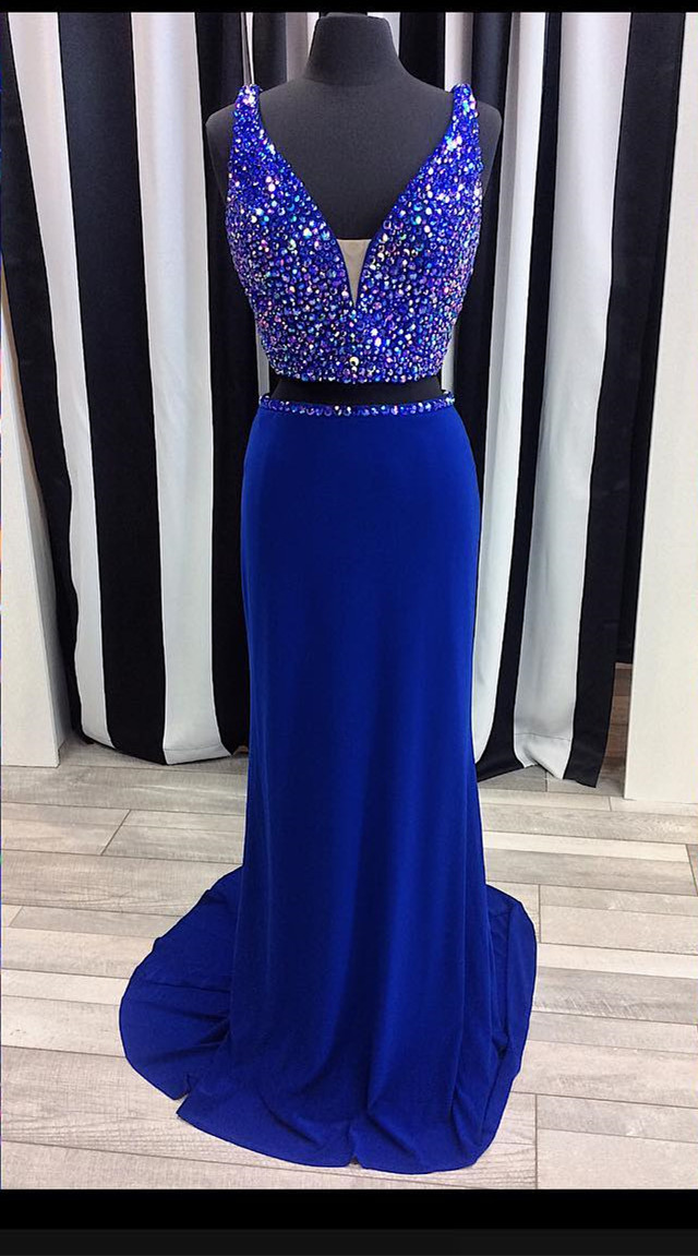 Royal Blue Two-piece Prom Dress Featuring Beaded Embellished Plunge V Sleeveless Crop Top And Floor Length Sheath Skirt