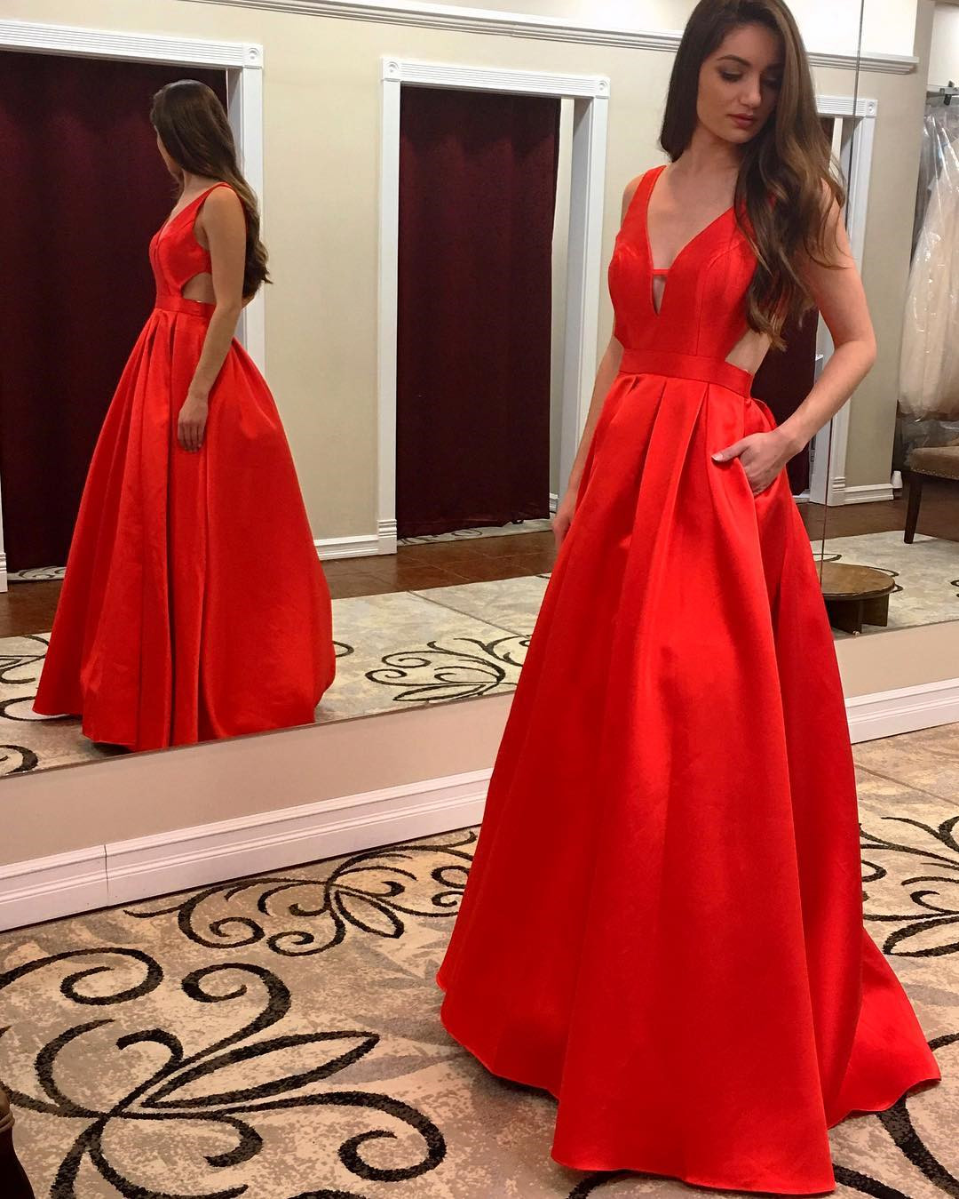 Red Satin Long Prom Dresses With Pocket 2017
