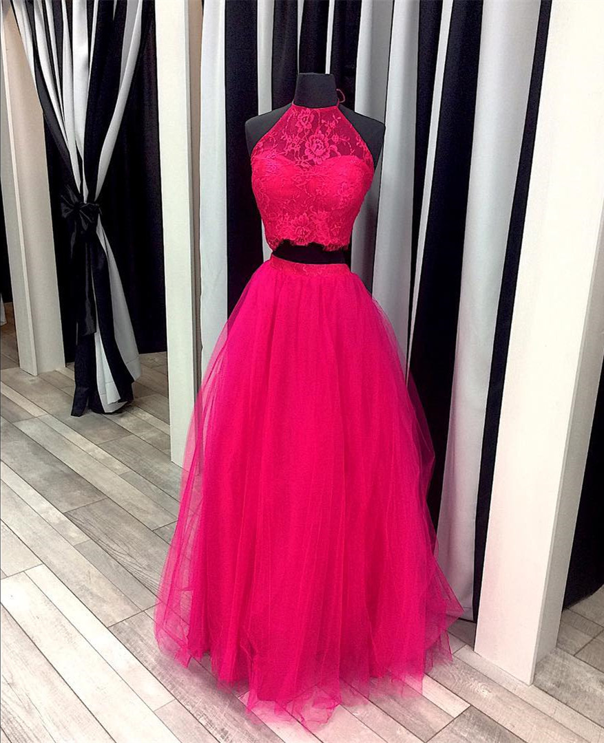 pink prom dresses two piece Two Piece A-Line Lace Prom Dresses Candy Pink Split Formal Dress US6 / Custom Color