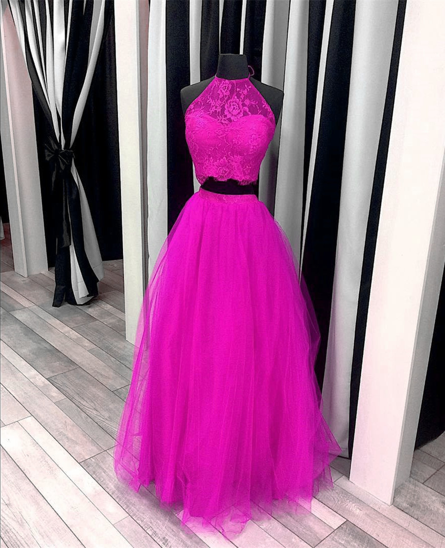 hot pink two piece prom dress Two Piece High Low Lace Top Pink Long Prom Dresses, Two Pieces Lace Pink  Formal Dresses, Pink Lace Evening Dresses