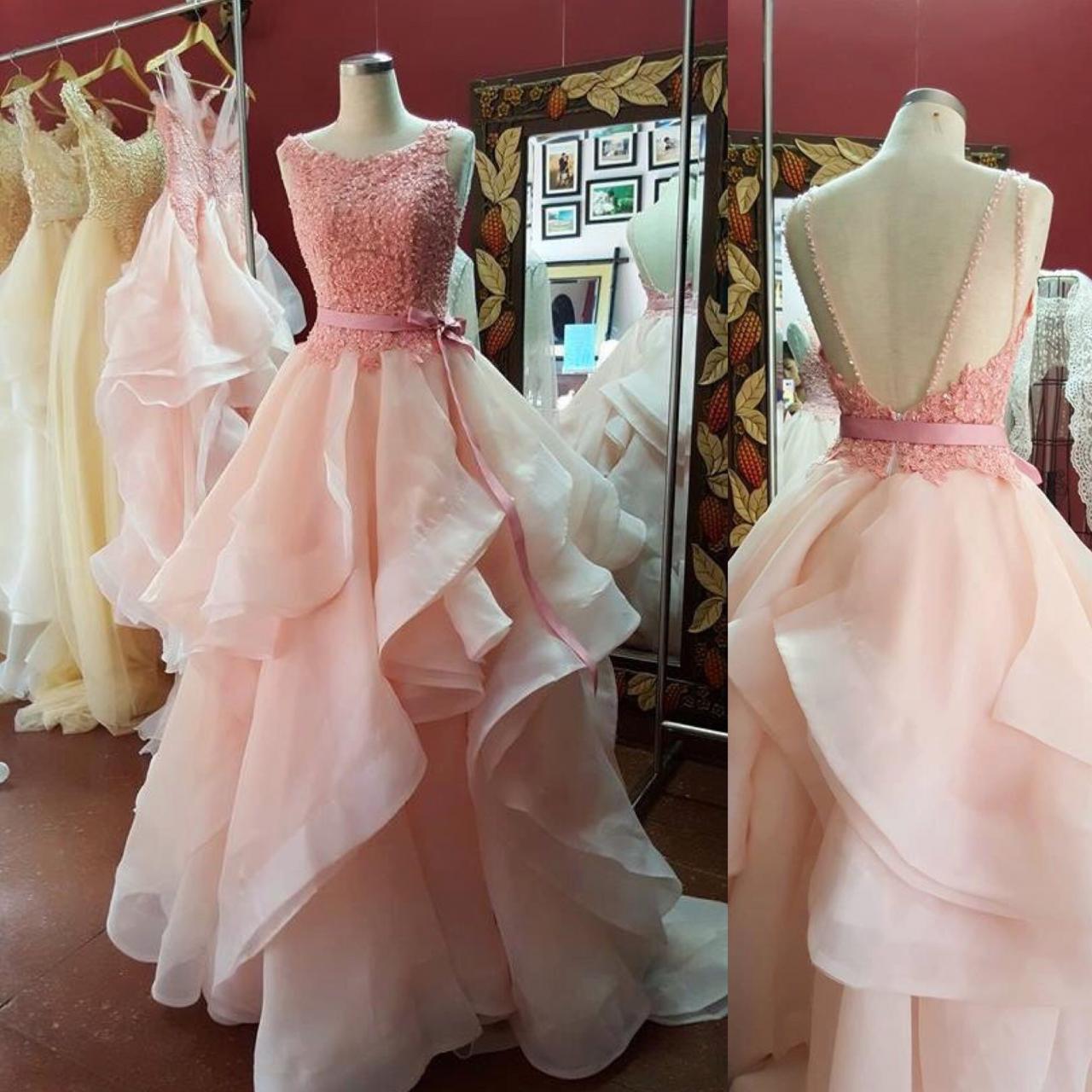 Rose Pink Lace Appliques Organza Ruffles Ball Gowns Prom Dresses 2017