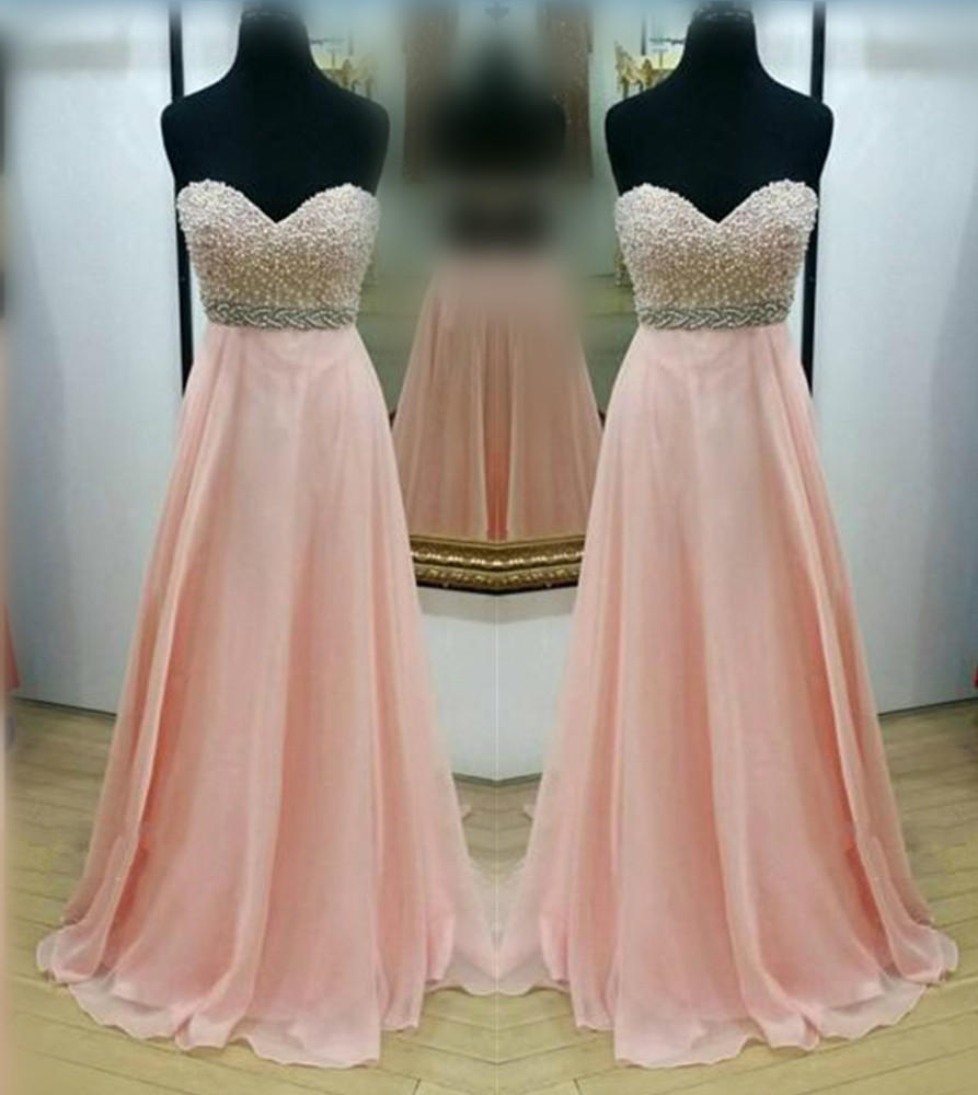 Strapless Sweetheart Beaded Chiffon A-line Floor-length Prom Dress, Evening Dress