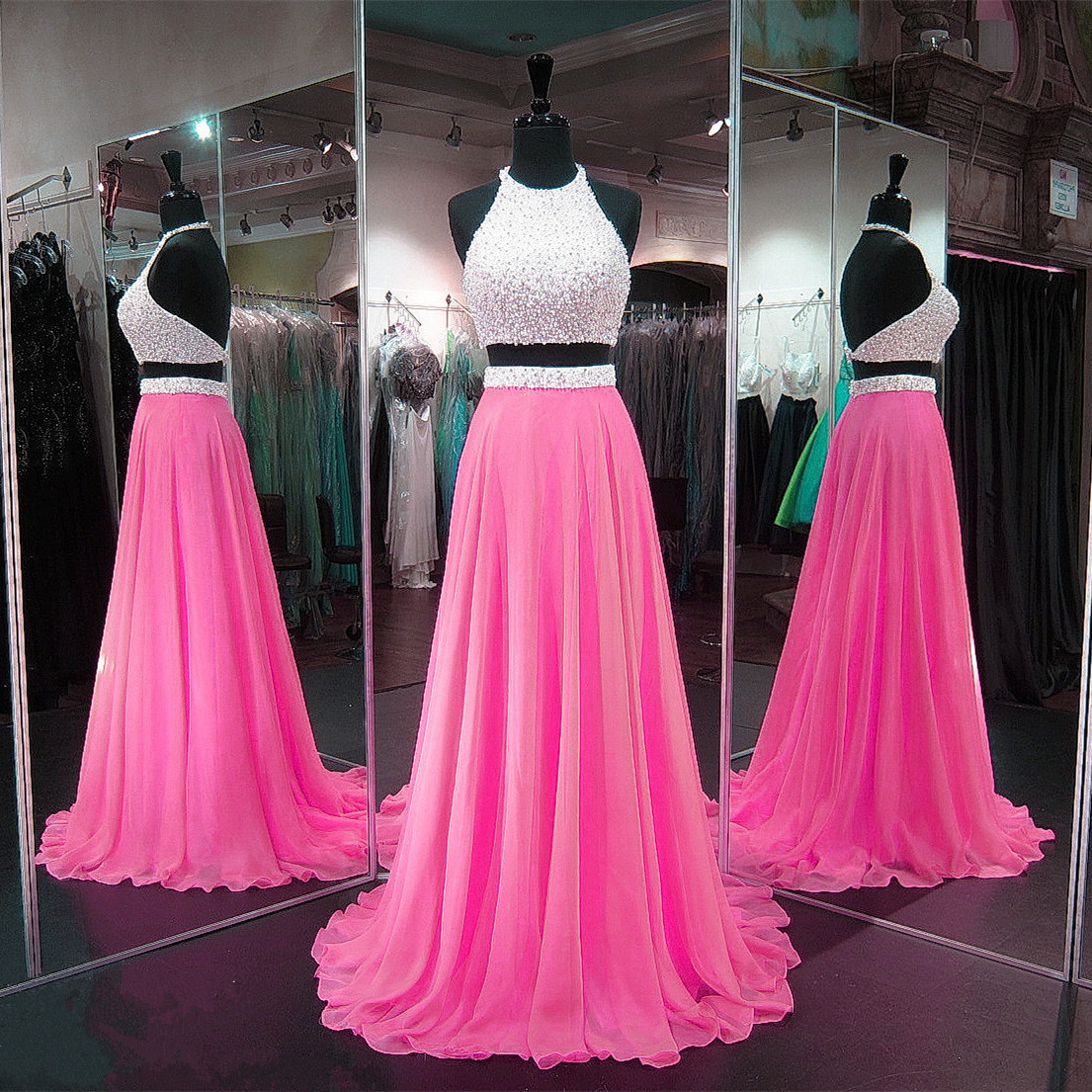 Pink Prom Dresses,chiffon Prom Gowns,two Piece Prom Dress,2 Piece Prom Dress,long Prom Dresses 2017,halter Prom Dress