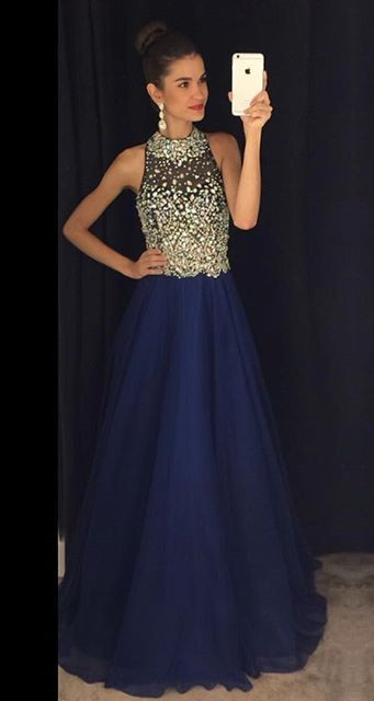 Sparkly Prom Dresses,navy Blue Prom Dress,halter Evening Gowns.chiffon Prom Dresses,prom Dresses 2017