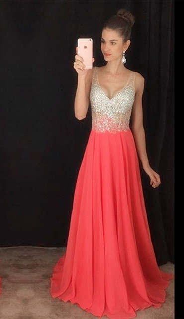 Coral Prom Dress,chiffon Evening Dress,elegant Evening Gowns,long Formal Dress, V Neck Prom Gowns,sexy Prom Dress,pink Prom Dresses