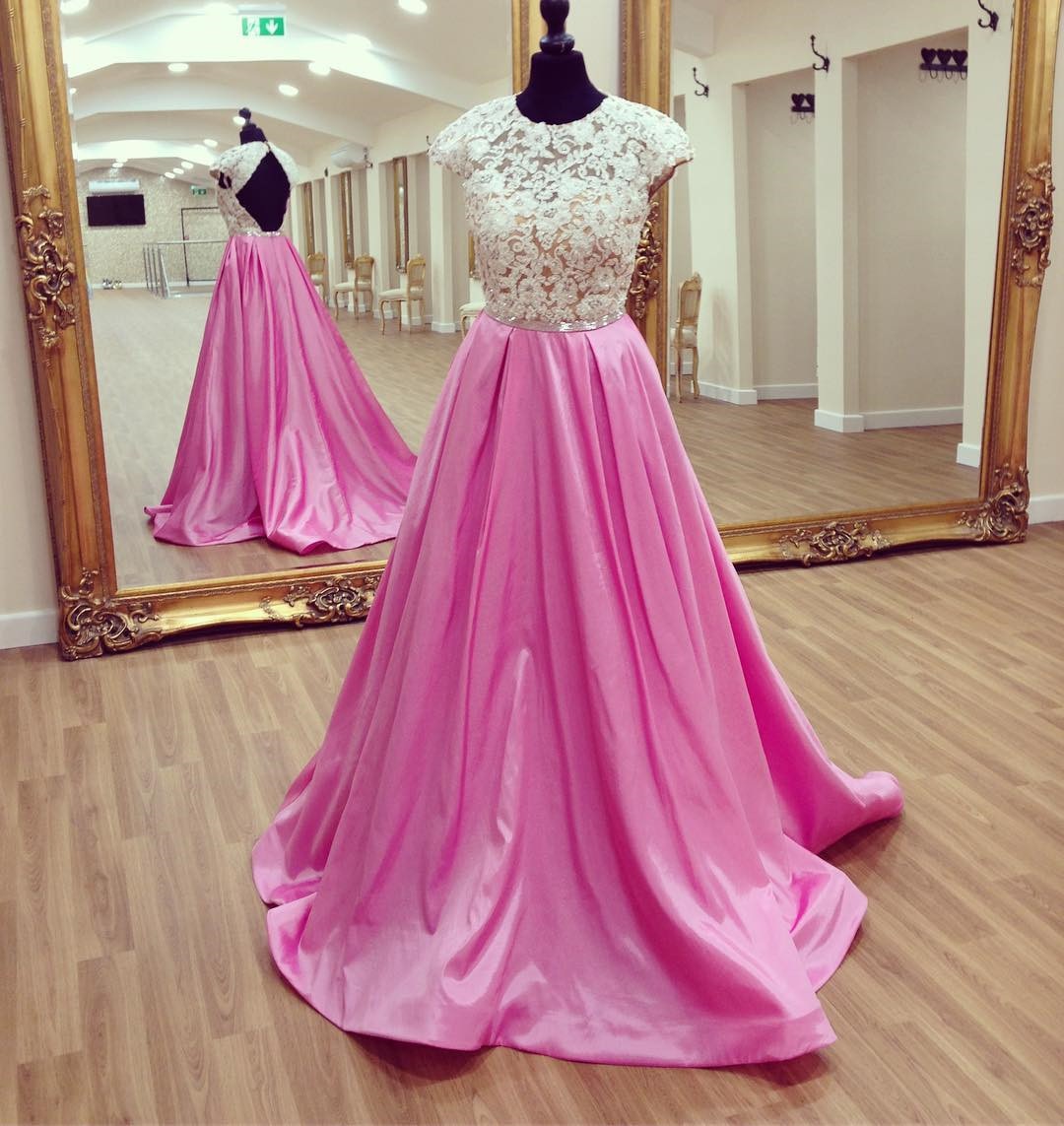 Pink Satin Long Ball Gowns Prom Dresses Lace Appliques 2017 Backless Evening Gowns