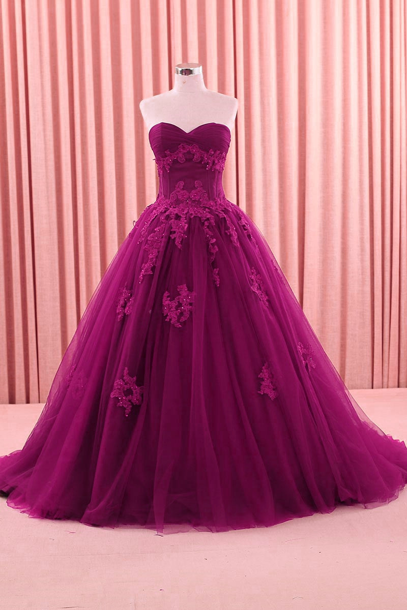 Vintage Fuchsia Prom Formal Wedding Gowns Sweetheart Applique Sweep Tulle Ball Gown Quinceanera Dresses