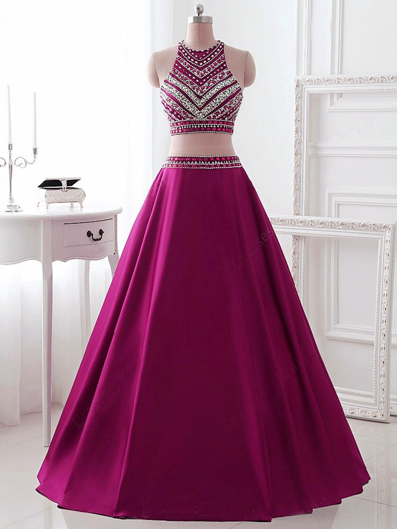 Two Pieces Prom Dress ,brilliant Purple With Rhinestone Prom Dresses ,2017 Fashion Sashes A-line Evening Party Prom Dresses