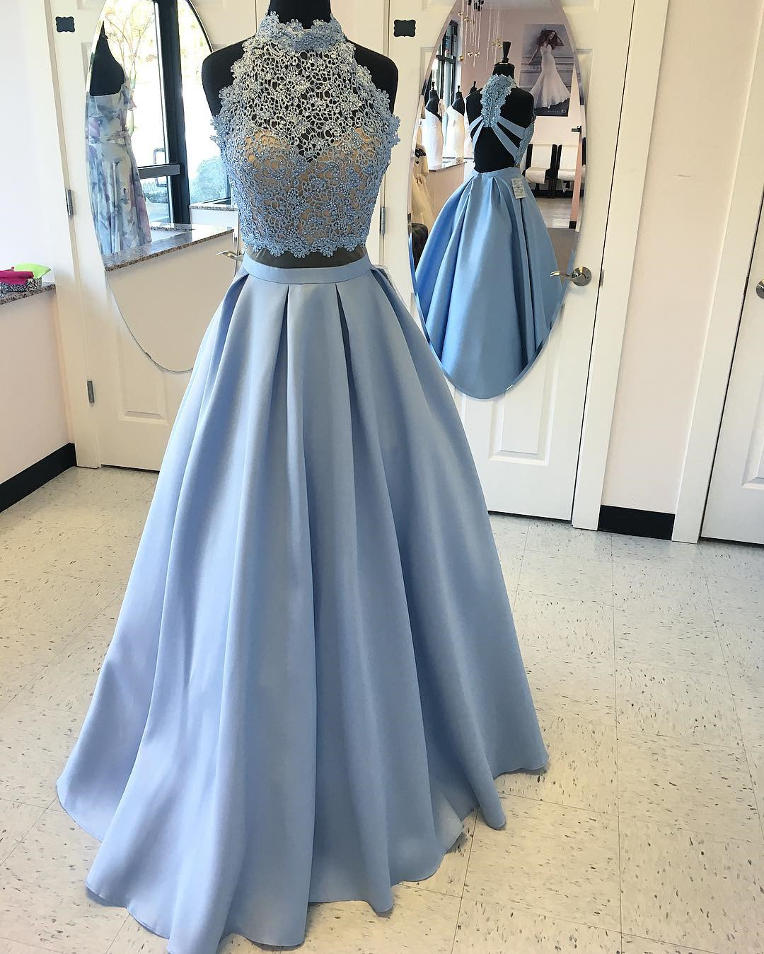 Light Blue Prom Dresses,elegant Prom Dresses,two Piece Prom Dresses,backless Prom Gowns,sexy Prom Dresses