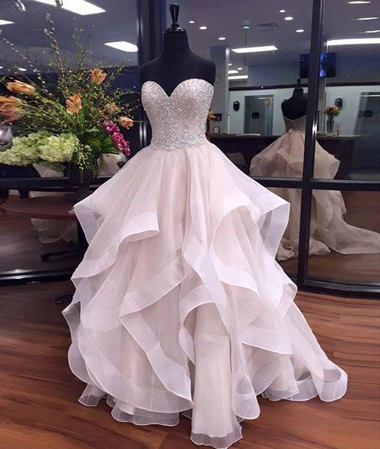 Beaded Embellished Sweetheart Floor Length Tulle Ruffled Wedding Gown