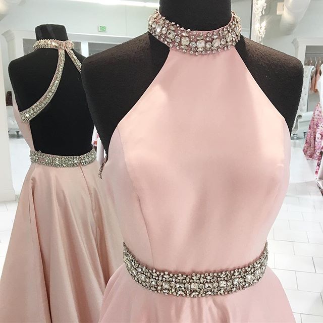 Beads Long Prom Dress, 2017 Pink Long Prom Dress, Prom Dress With Open Back,high Neck Prom Gowns
