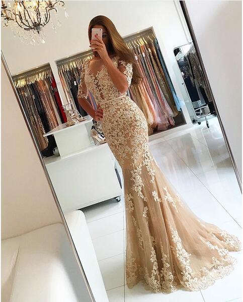 Lace Evening Dresses,elegant Prom Dresses,mermaid Prom Gowns,champagne Prom Dress,modest Prom Dresses