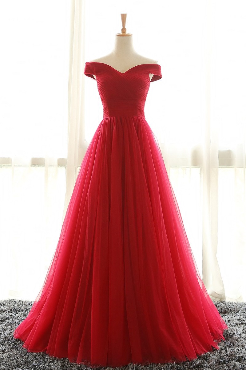 Red Prom Dress,off The Shoulder Prom Dresses,tulle Evening Gowns,long Formal Dress,sexy Prom Dress