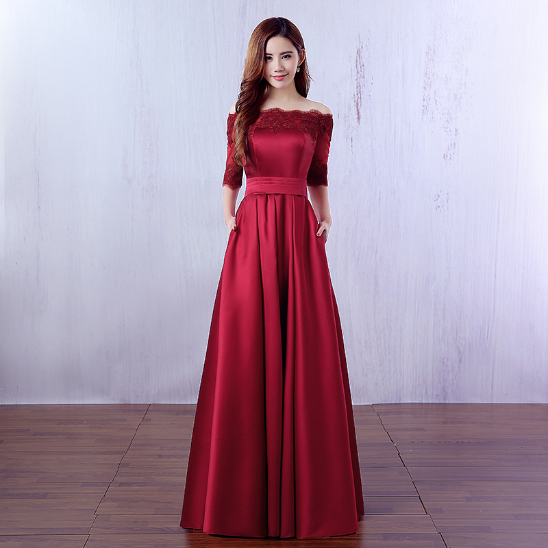 Off The Shoulder Evening Gowns,Long Bridesmaid Dresses,Burgundy Prom Dress,Prom Dresses With Sleeves