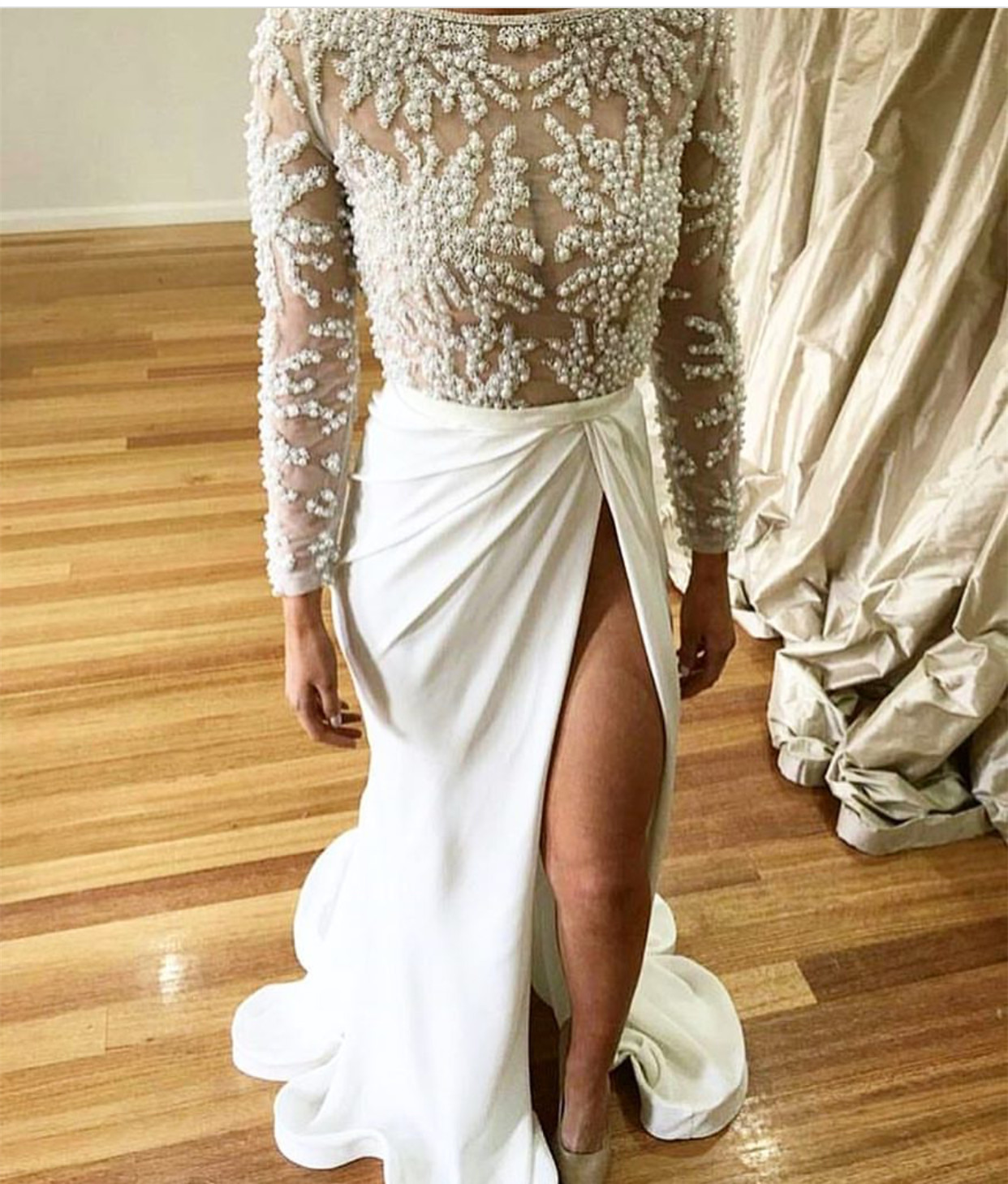 Pearl Beaded Long Sleeves See Through Evening Dress Mermaid 2017 Sexy Slit Prom Gowns