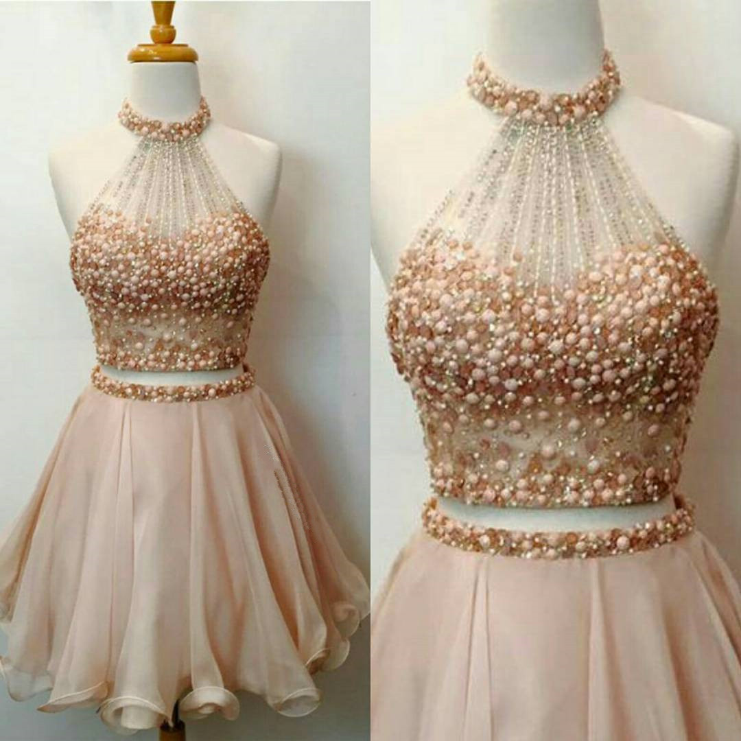 Two Piece Homecoming Dresses,halter Prom Dress,beaded Cocktail Dress, Elegant Homecoming Dress,sparkly Dress,short Prom Dress 2017