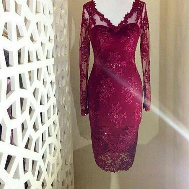 Short Burgundy Dress With Sleeves. Bridesmaid Lace Dress Knee