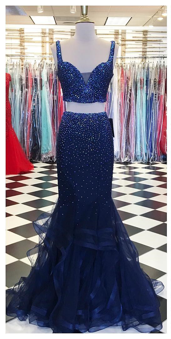 Navy Prom Dress,crystal Prom Dress,two Piece Prom Dresses,mermaid Evening Dresses,sexy Prom Gowns