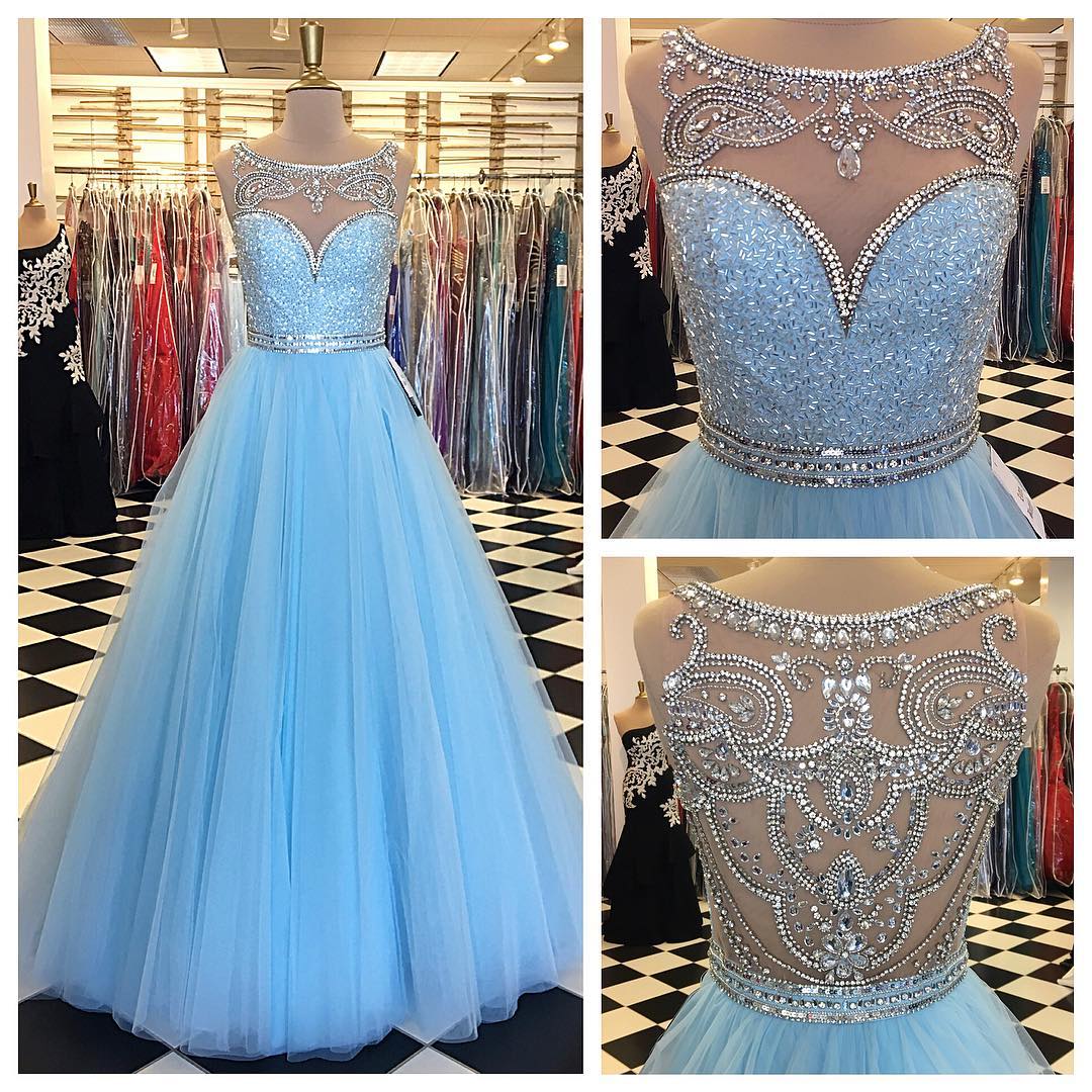 Light Blue Prom Dress,ball Gowns Prom Dress,crystal Beaded Evening Gowns,long Formal Dresses