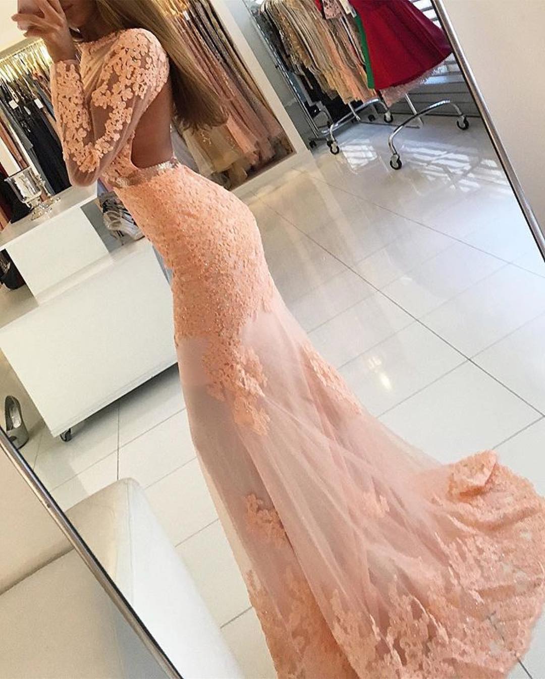 Lace Prom Dress,Mermaid Evening Dresses,Long Sleeves Prom Dress,Blush Pink Prom Dress,Open Back Dress