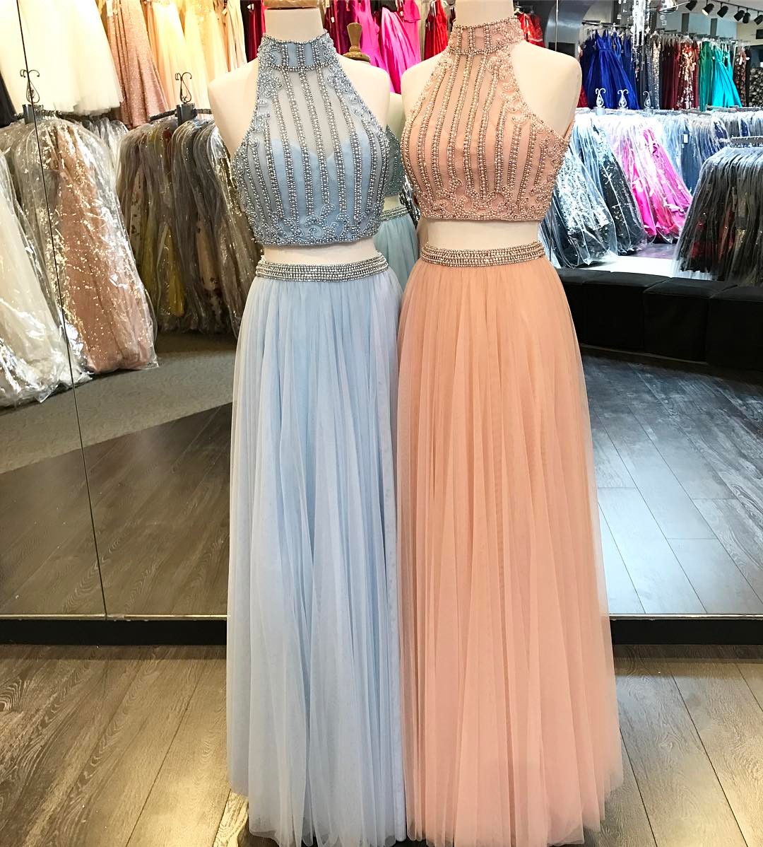 High Neck Prom Dresses,two Piece Prom Dress,tulle Dress,sexy Prom Dress,pearl Dress,long Evening Gowns,tulle Dress