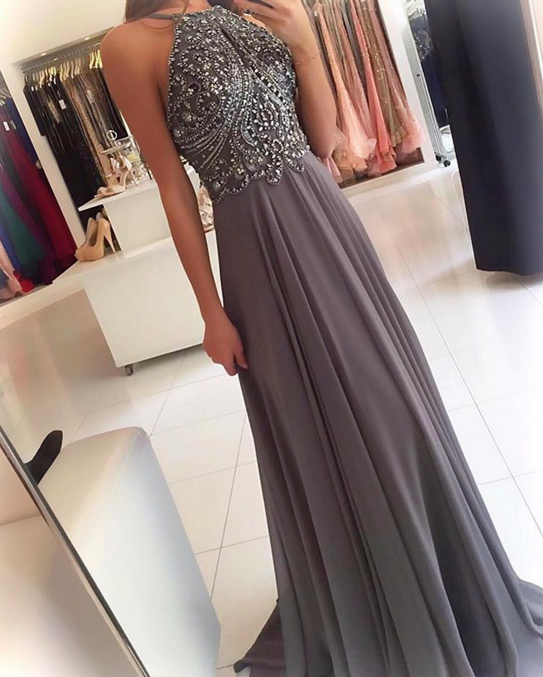 Silver Gray Prom Dress,halter Prom Dress,long Prom Gowns,beaded Evening Dress,open Back Dresses,chiffon Evening Gowns