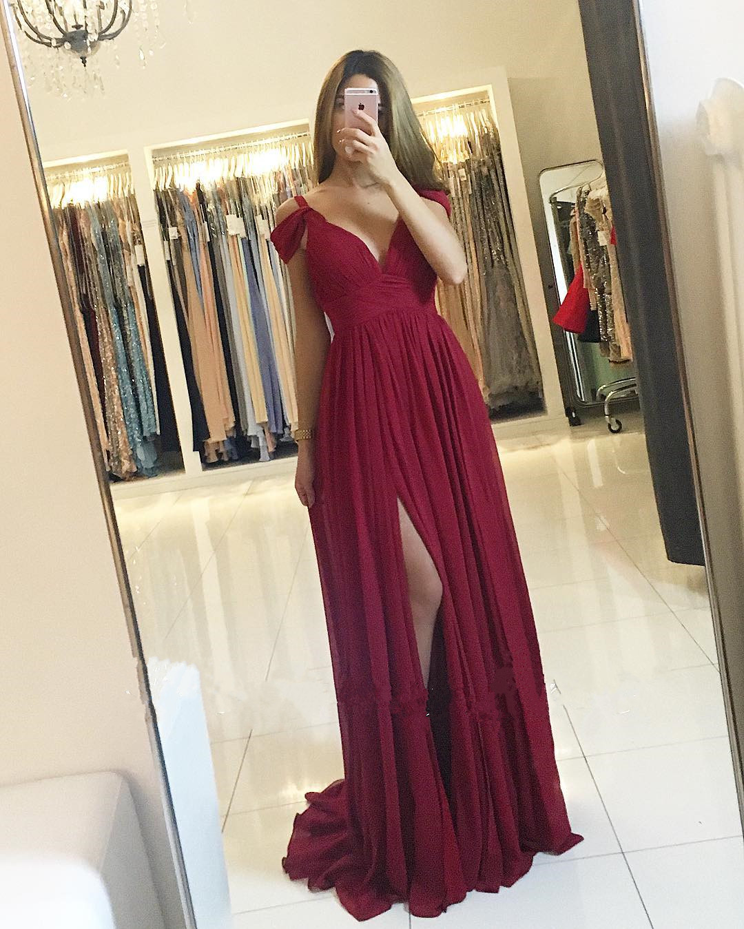 sexy burgundy bridesmaid dresses Burgundy Off-shoulder Long Bridesmaid Dress with Side-Split  FancyVestido