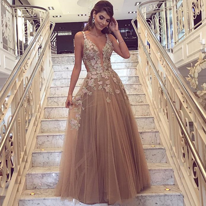 Champagne Prom Dresses,tulle Evening Gowns,lace Appliques Dress,sexy Prom Dress,prom Dresses 2017