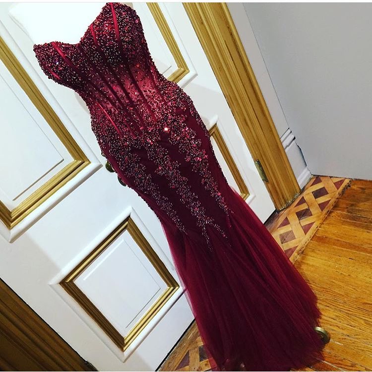 Burgundy Prom Dress,mermaid Prom Dresses,mermaid Evening Dress,crystal Beaded Prom Dresses