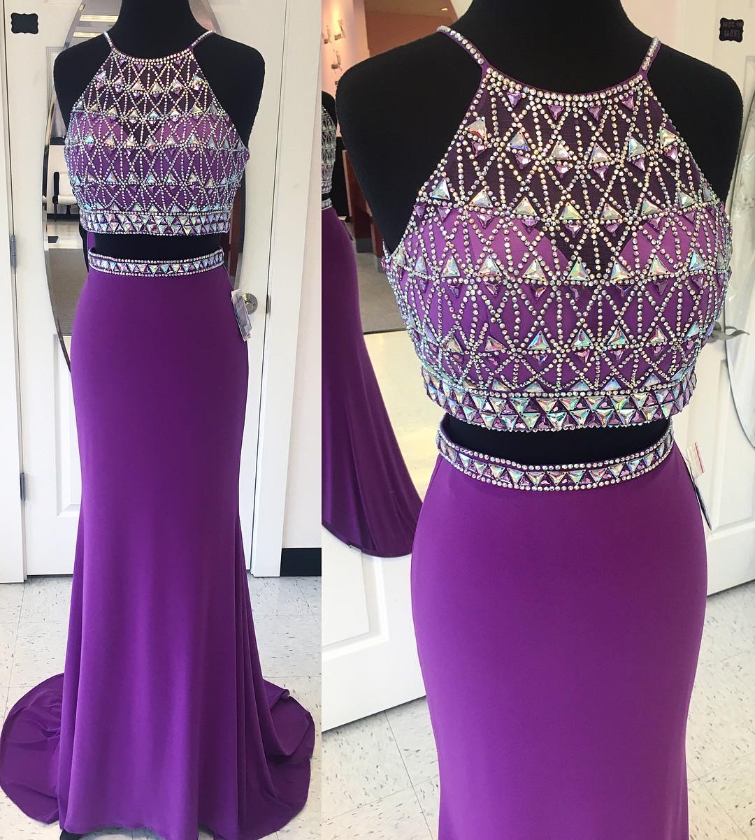 Purple Prom Dress,two Piece Prom Dress,mermaid Evening Gowns,crystal Beaded Dress