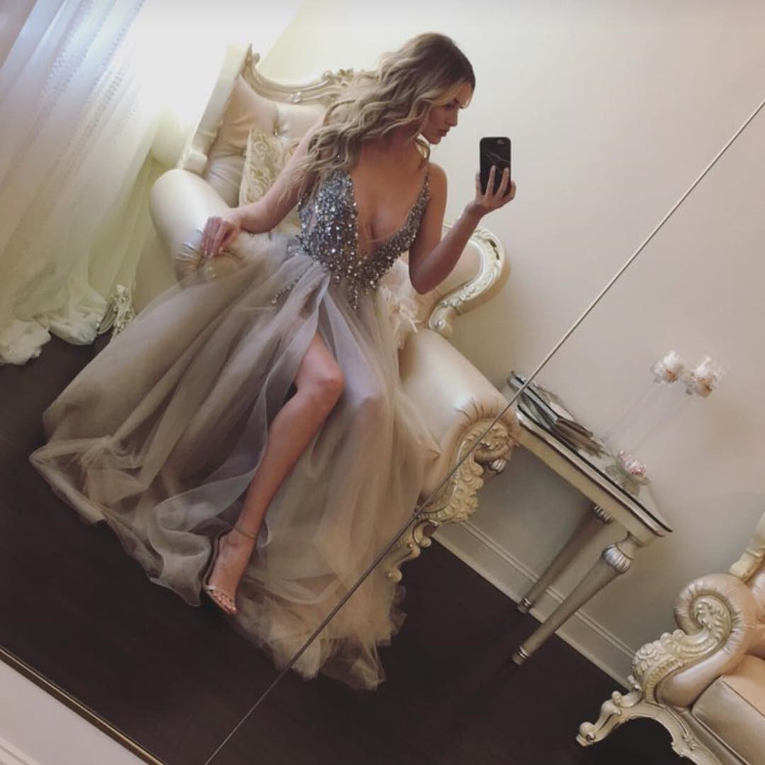 Sexy Prom Dress,silver Gray Evening Gowns,crystal Beaded Dress,slit Prom Dress 2017