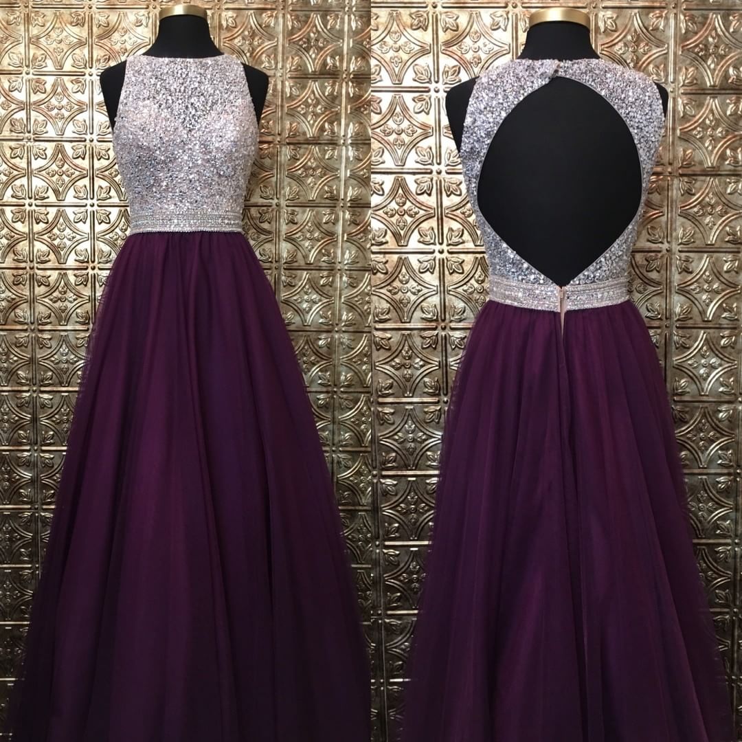 Grape Prom Dress,long Tulle Prom Dresses,beaded Prom Dress With Keyhole Back