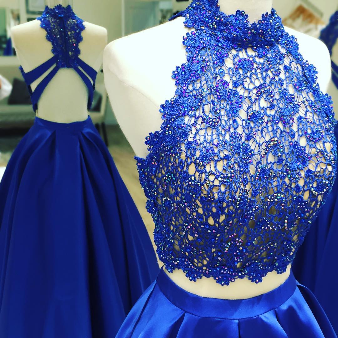 Halter Prom Dress,lace Crop Dress,two Piece Prom Dress,see Through Prom Dresses,royal Blue Ball Gowns