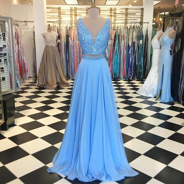 Custom Made Plunging V- Neckline Two-piece Dress With Rhinestones, Evening Dress, Prom Dresses, Wedding Dress