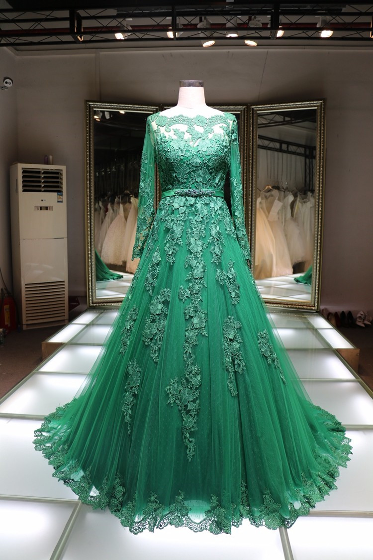 Green Prom Dress,lace Prom Dress,elegant Evening Dress,long Sleeves Prom Dress,long Sleeves Formal Dress