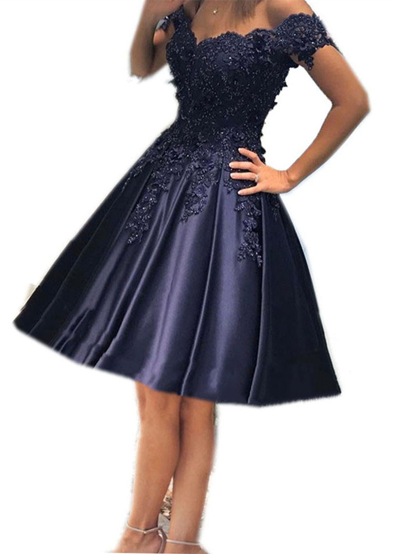 Navy Blue Homecoming Dresses,off Shoulder Prom Short Dress,lace Appliques Homecoming Dresses,elegant Cocktail Dresses