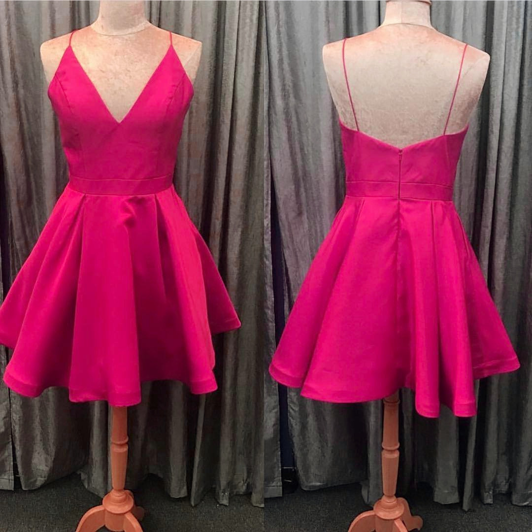 Pink Homecoming Dress, V Neck Party Dress,short Prom Dresses 2017,graduation Dress,cocktail Dress,satin Dresses