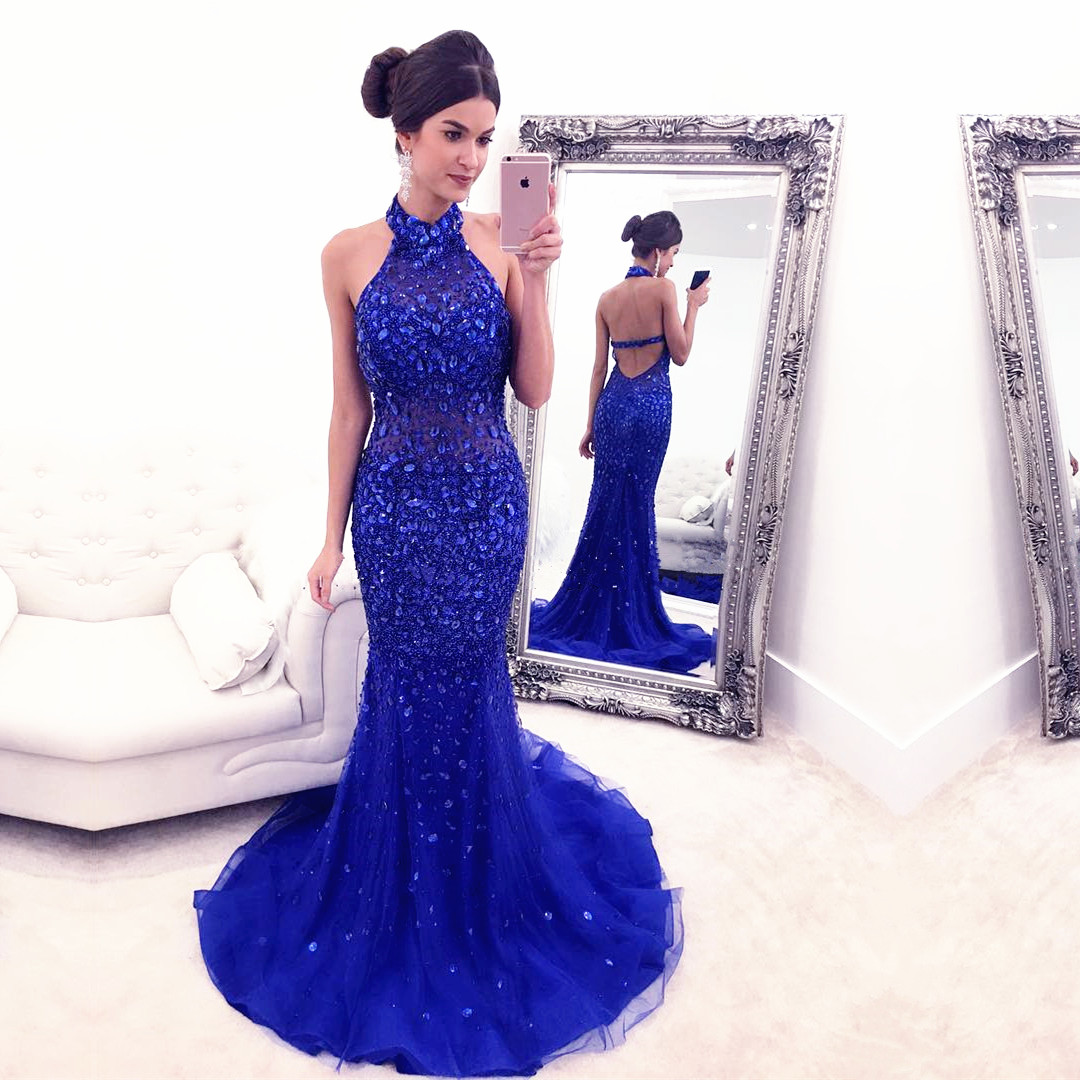Royal Blue Evening Gowns,crystal Prom Dress,mermaid Prom Dresses,prom Dresses 2017,halter Prom Gowns