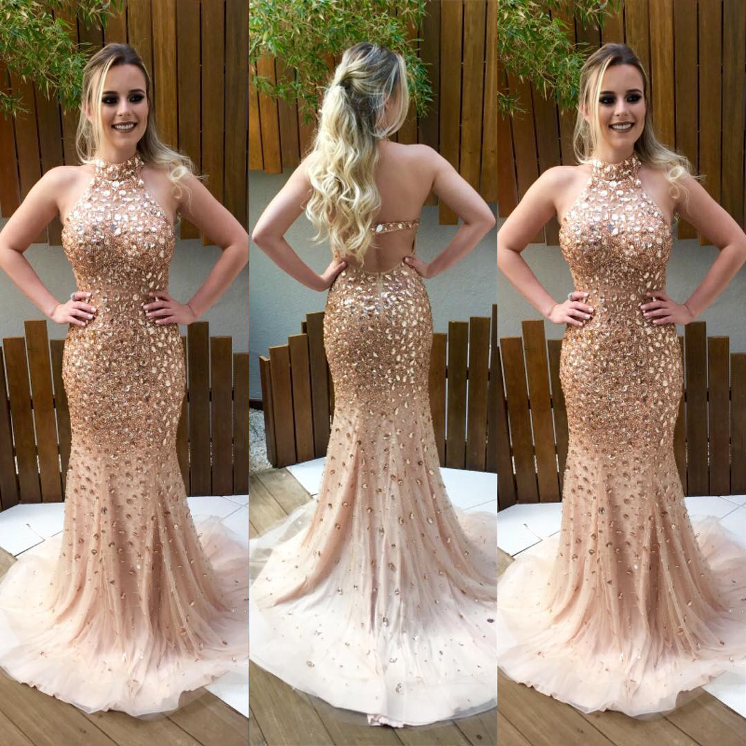 Crystal Prom Dress,Halter Prom Dress,Champagne Prom Dress,Mermaid Evening Dress,Sex Prom Dress,Luxury Prom Gowns