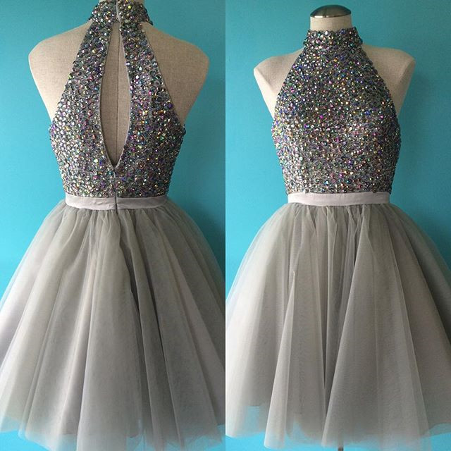 Silver Homecoming Dress,high Neck Prom Dress,tulle Homecoming Dress,short Prom Dresses 2017,semi Formal Dress